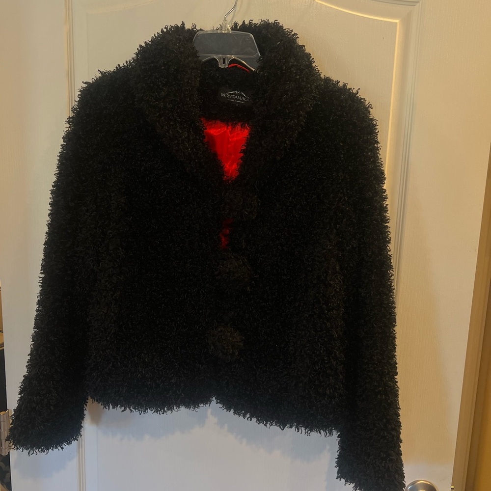 Montanaco Black Faux Curly Fur Satin Lined Jacket Women’s Medium.